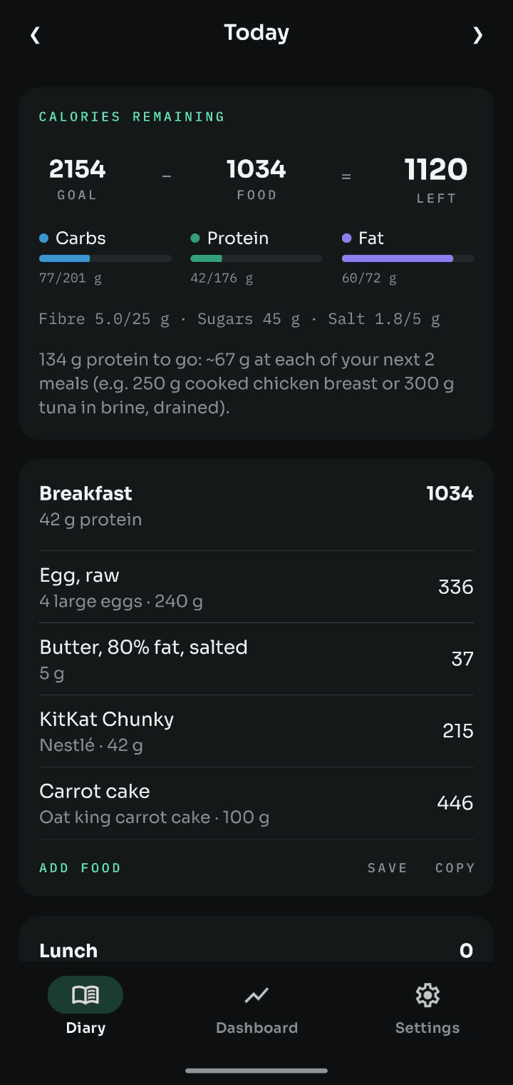 Diary for today: calories left, macros and a protein tip