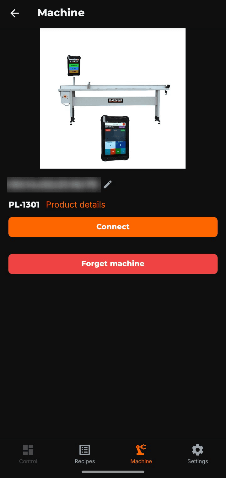 Machine screen with the PL-1301 photo and the Connect button